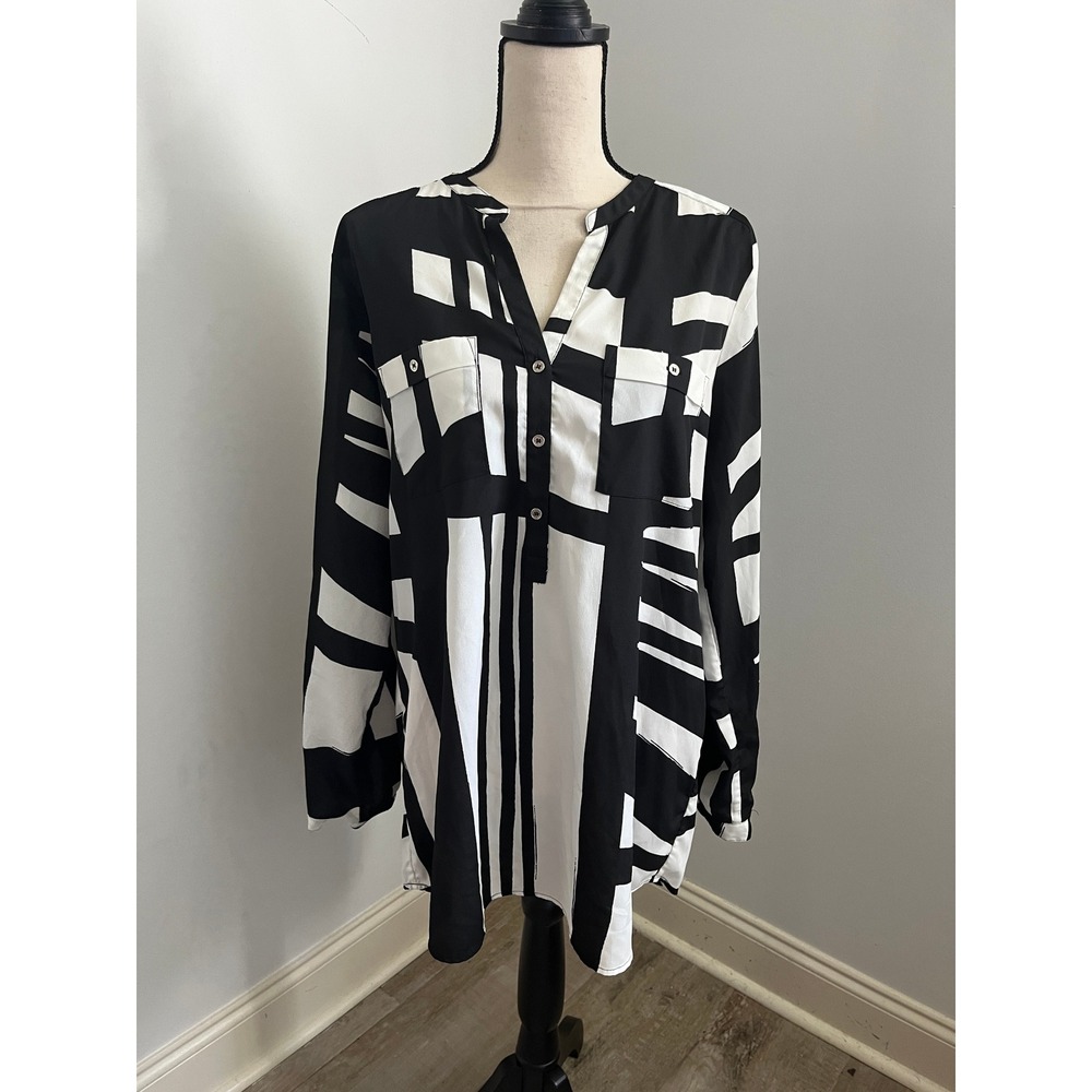 Calvin Klein Abstract Blouse Large Retro Office Artsy Bold Monochrome Mod Shirt